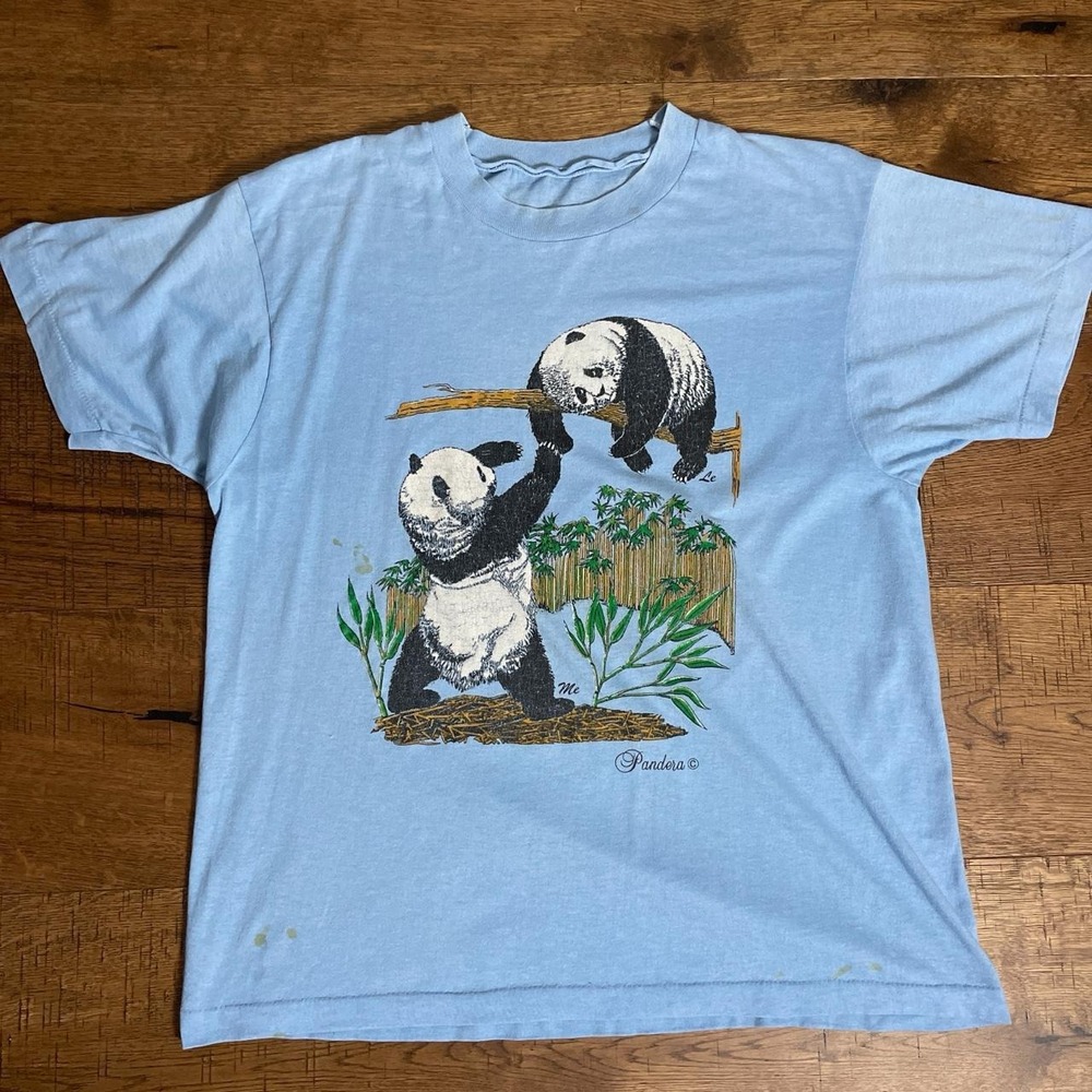 Pandera Wildlife Art Baby Tee Women Large Blue Vintage Panda Graphic Shirt